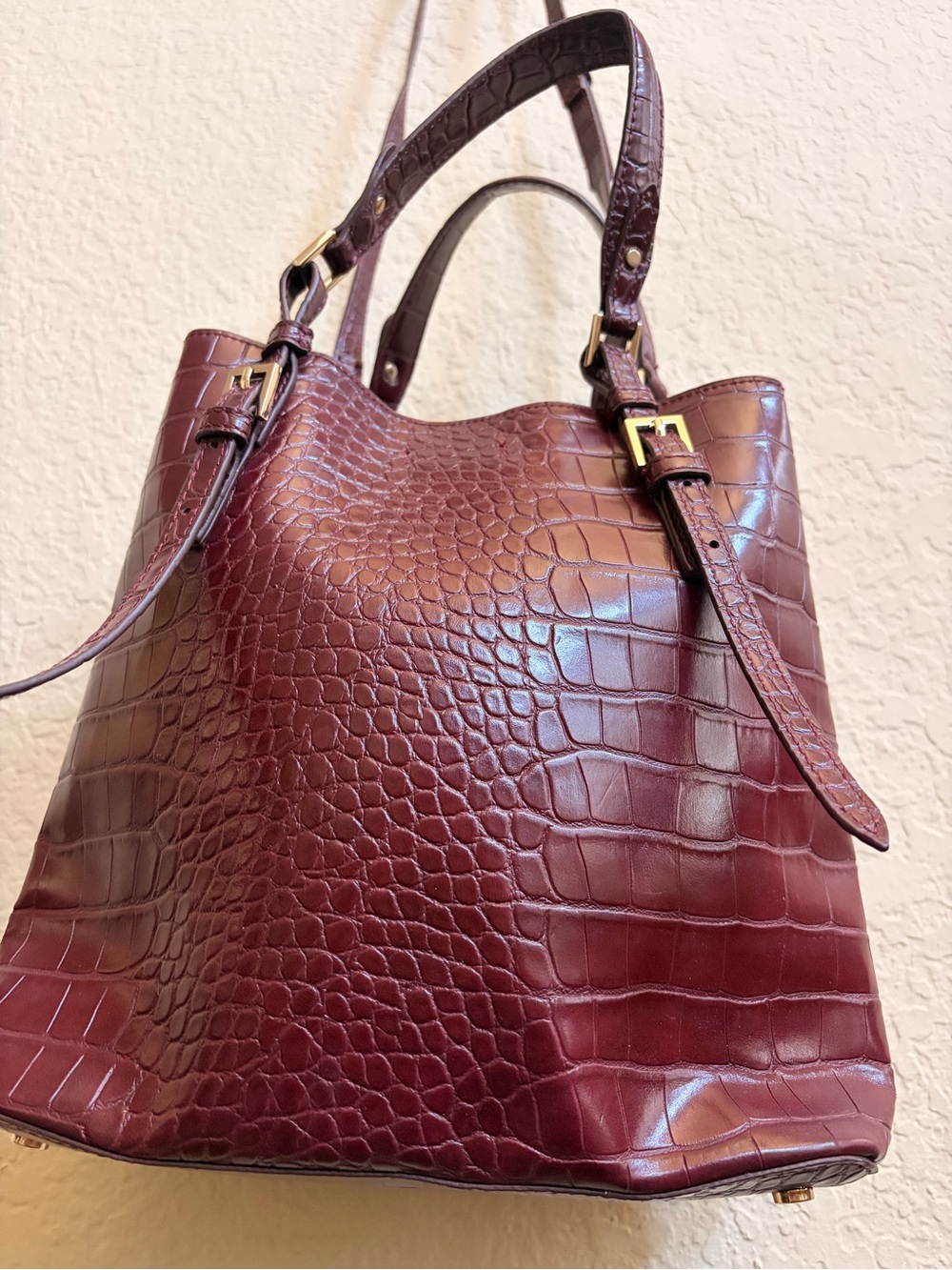 Zara Burgundy Croc-Embossed Shoulder Tote RARE